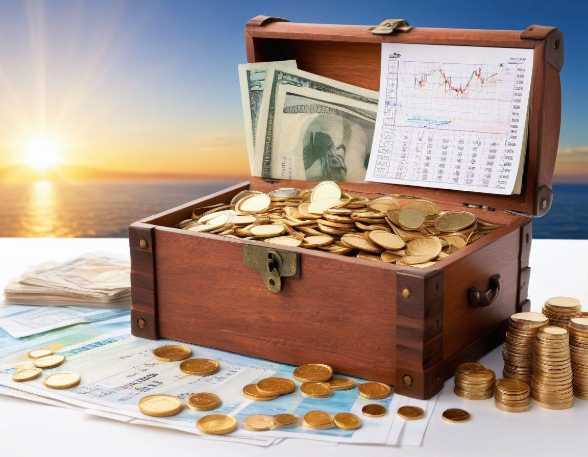 An open treasure chest revealing golden coins and banknotes, symbolizing financial freedom, surrounded by charts and graphs showcasing credit scores in the background. A key labeled 'Knowledge' sits beside the chest, representing guidance in financial management. Bright blue sky and sun shining down, conveying hope and opportunity. super-realistic. vibrant colors. white background.
