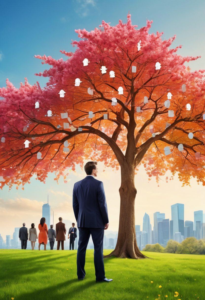 A serene scene depicting a confident financial advisor guiding a diverse group of individuals towards a bright future, showcasing charts and symbols of debt relief, blossoming trees symbolizing financial growth, and a clear sky representing security. Emphasize warmth, trust, and hope in the expressions of the people. super-realistic. vibrant colors. soft background.