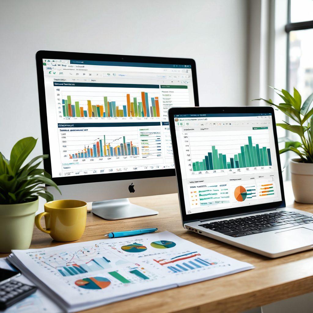 A modern office desk scene with a laptop displaying financial graphs and budgeting spreadsheets, surrounded by notes and investment books. In the background, a digital dashboard showcases stock market trends and savings goals, with a potted plant adding a touch of greenery. The atmosphere is bright and organized, symbolizing clarity and strategic planning. super-realistic. vibrant colors. minimalistic design.